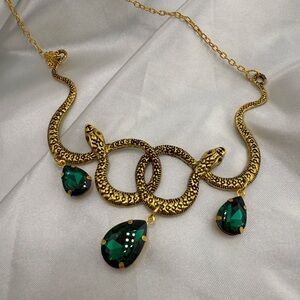 Vintage gold color Serpent serpentine Snake Necklace with Green Gemstones